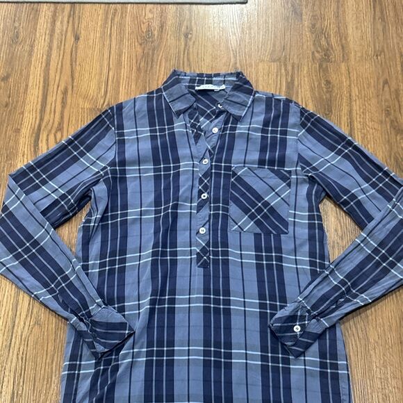 Harshman Shirt Dress Womens XS Blue Plaid Side Slits Popover 1/2 Button Down - Picture 2 of 7